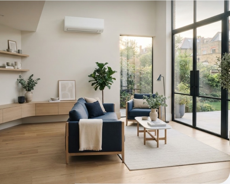 Sunlit living room with blue armchairs, garden windows and a wall-mounted air conditioning unit