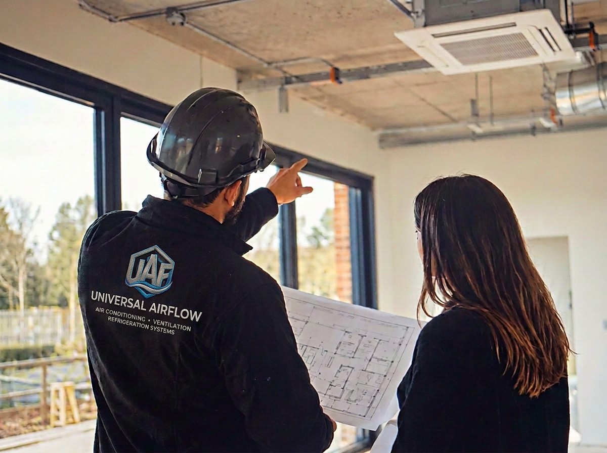 Universal Airflow engineer reviewing plans with a client